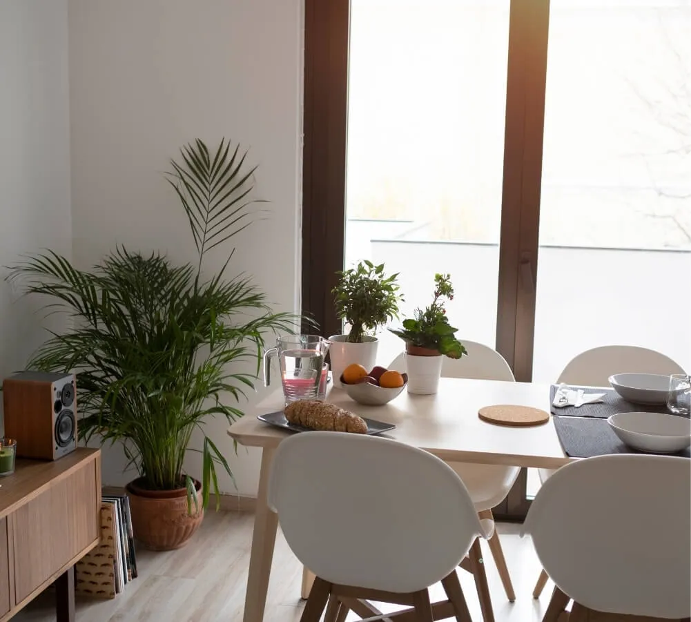 A picture of a neat dining room that has been thoroughly cleaned by Sparkle n' Clean's deep cleaning service.