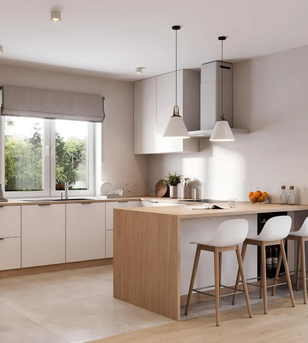 A picture of a neat kitchen and dining area that has been cleaned by Sparkle n' Clean's professional cleaning service.