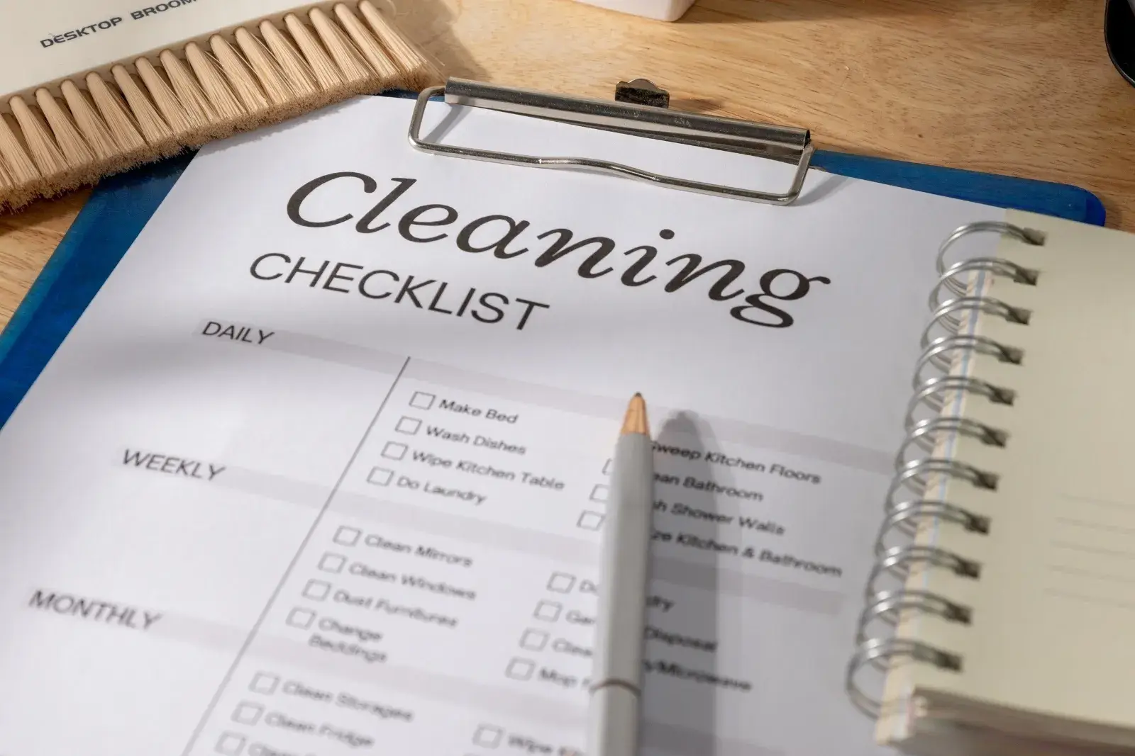 Cleaning checklist on a clipboard with daily, weekly, and monthly tasks for an organized home routine